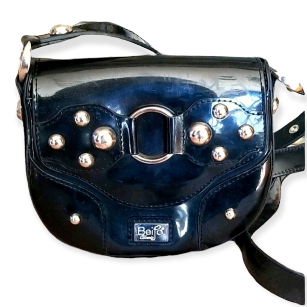 Beijo Silver Stud Black Biker Crossbody Mini Bag - Picture 2 of 16